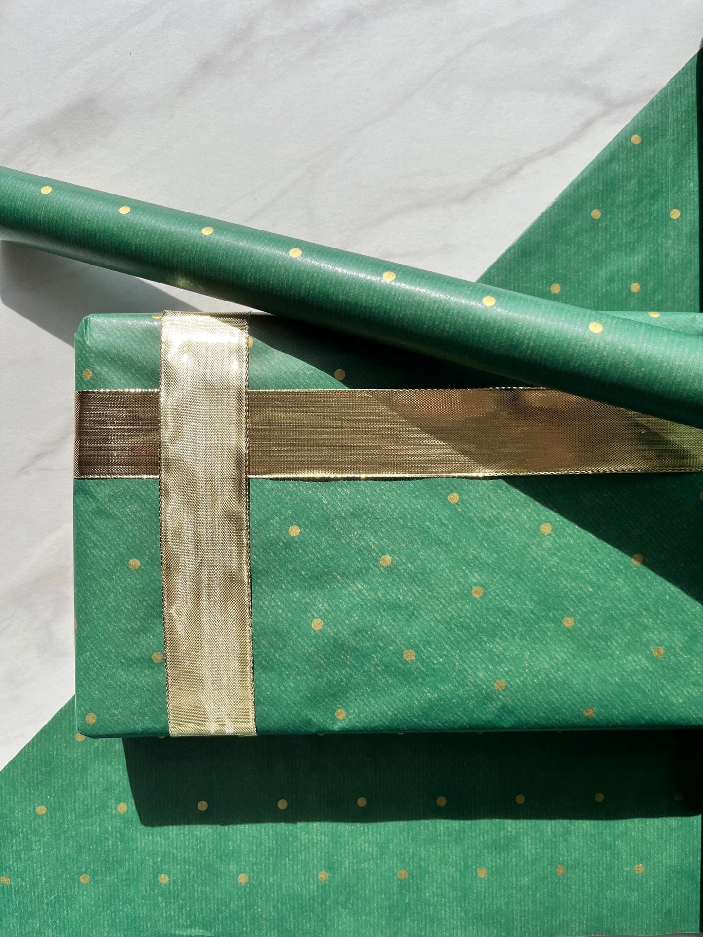 Wrapping Paper Christmas Green Gold Polka Dot 50CM Wide Eco Friendly, 100% Recycled Kraft | Recyclable, Sustainable, Plastic Free Gift Wrap