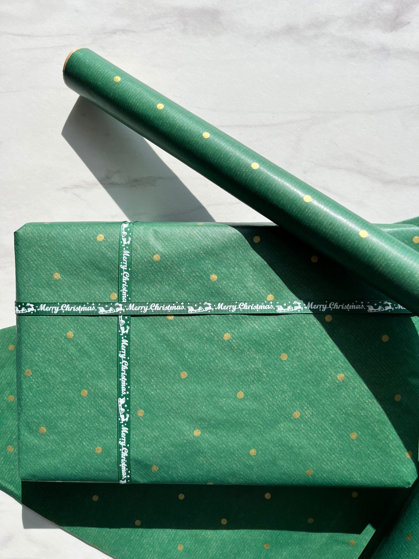 Wrapping Paper Christmas Green Gold Polka Dot 50CM Wide Eco Friendly, 100% Recycled Kraft | Recyclable, Sustainable, Plastic Free Gift Wrap