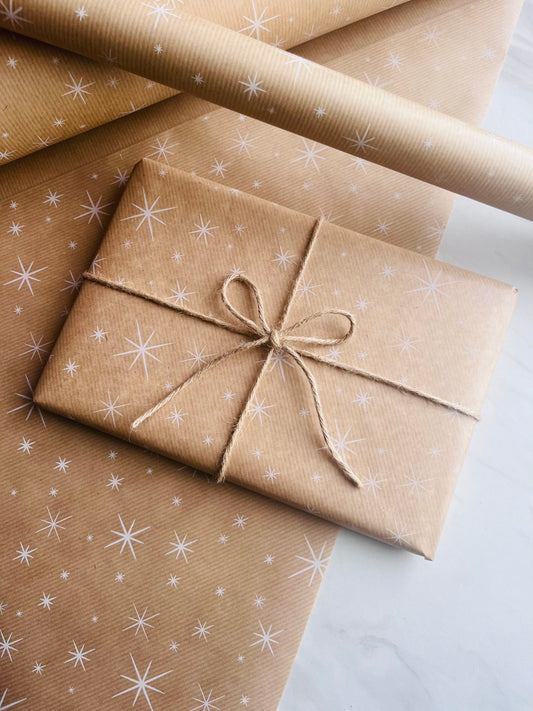 Wrapping Paper Christmas White Sparkle 50CM Wide Eco Friendly, 100% Recycled Kraft | Recyclable, Sustainable, Plastic Free Gift Wrap
