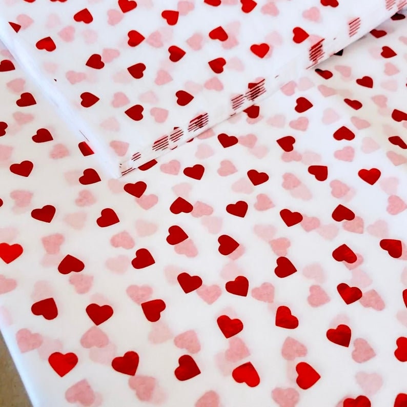 Tissue Paper Red Foil Heart Print Luxury Thick 18GSM Sheets Eco Friendly Full Size 75cm x 50cm 1-10 Sheets Folded