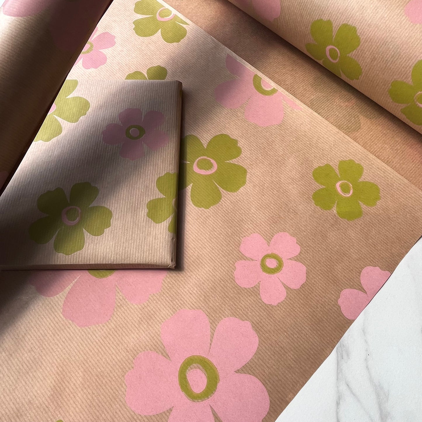 Wrapping Paper Pink Green Floral 50CM Wide Eco Friendly, 100% Recycled Kraft | Recyclable, Sustainable, Plastic Free Gift Wrap