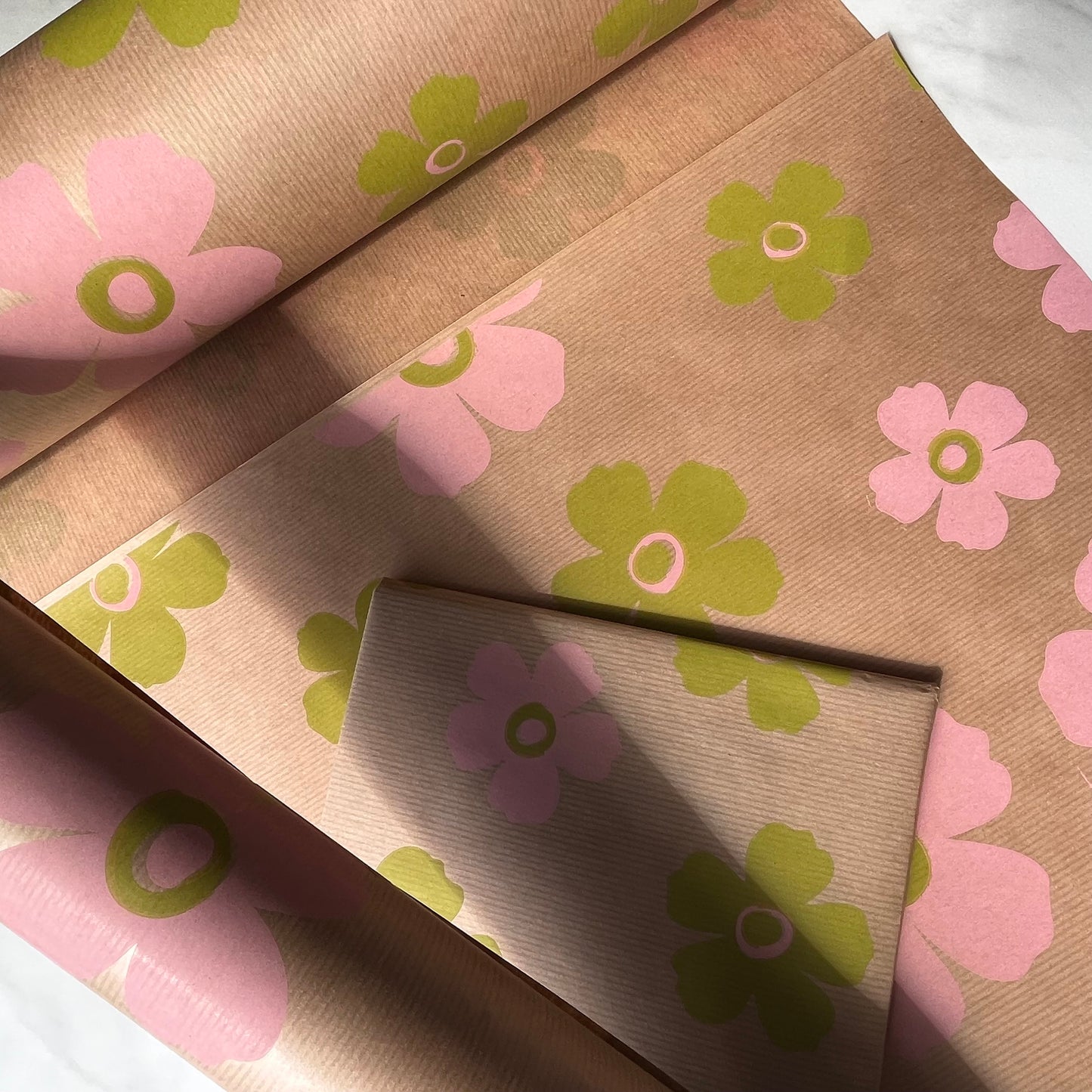 Wrapping Paper Pink Green Floral 50CM Wide Eco Friendly, 100% Recycled Kraft | Recyclable, Sustainable, Plastic Free Gift Wrap