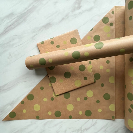 Wrapping Paper Green Polka Dot Eco 50CM Wide Eco Friendly, 100% Recycled Kraft | Recyclable, Sustainable, Plastic Free Gift Wrap