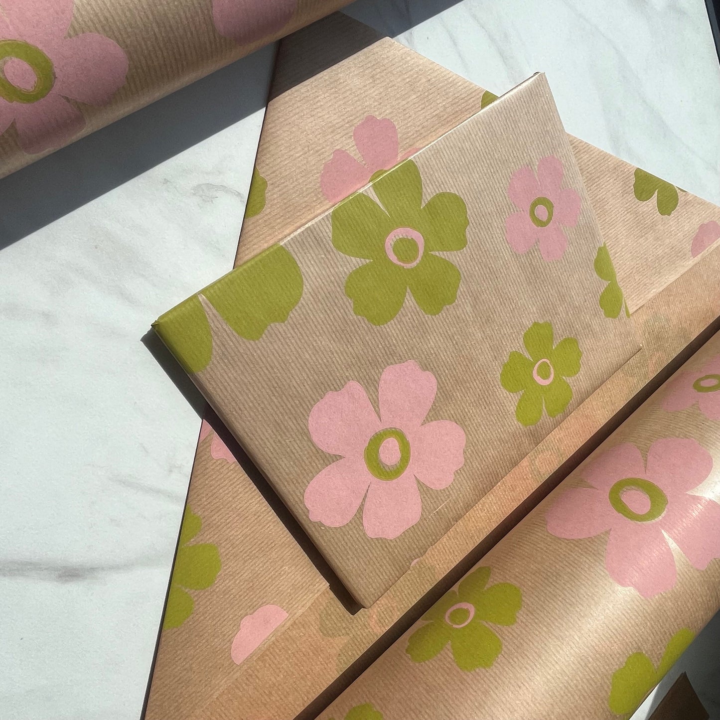 Wrapping Paper Pink Green Floral 50CM Wide Eco Friendly, 100% Recycled Kraft | Recyclable, Sustainable, Plastic Free Gift Wrap