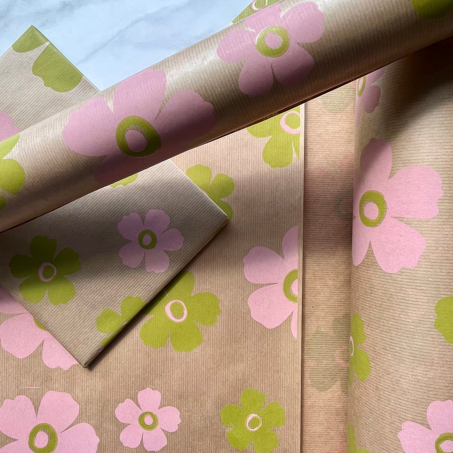 Wrapping Paper Pink Green Floral 50CM Wide Eco Friendly, 100% Recycled Kraft | Recyclable, Sustainable, Plastic Free Gift Wrap