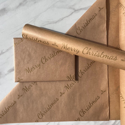 Wrapping Paper Gold Merry Christmas Writing 50CM Wide Eco Friendly, 100% Recycled Kraft | Recyclable, Sustainable, Plastic Free Gift Wrap