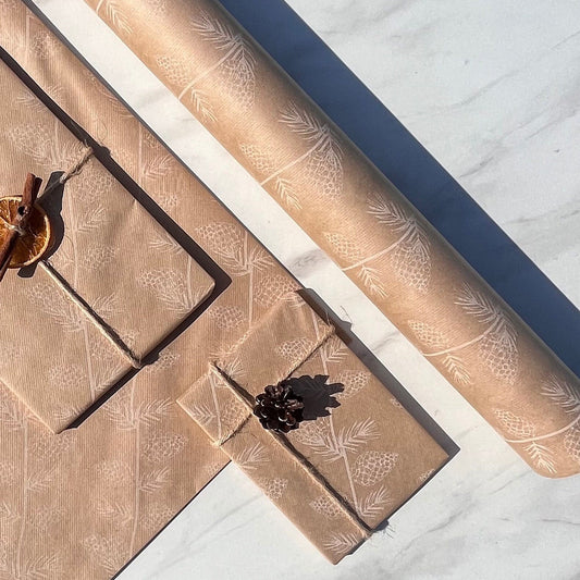 Wrapping Paper Christmas Pine Cones 50CM Wide Eco Friendly, 100% Recycled Kraft | Recyclable, Sustainable, Plastic Free Gift Wrap