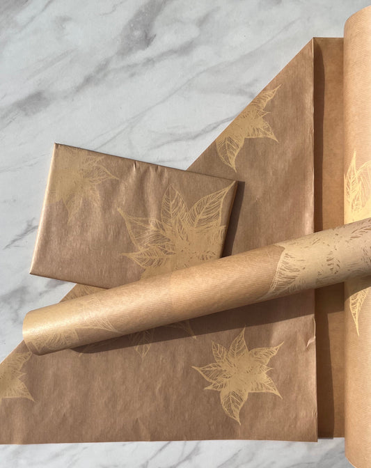 Wrapping Paper Christmas Poinsettia 50CM Wide Eco Friendly, 100% Recycled Kraft | Recyclable, Sustainable, Plastic Free Gift Wrap