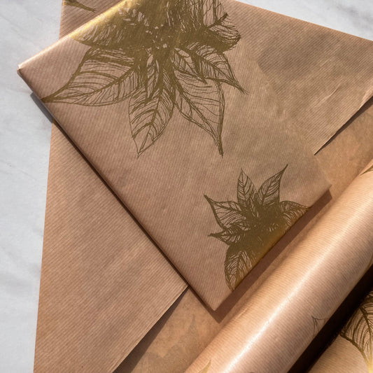 Wrapping Paper Christmas Gold Poinsettia 50CM Wide Eco Friendly, 100% Recycled Kraft | Recyclable, Sustainable, Plastic Free Gift Wrap