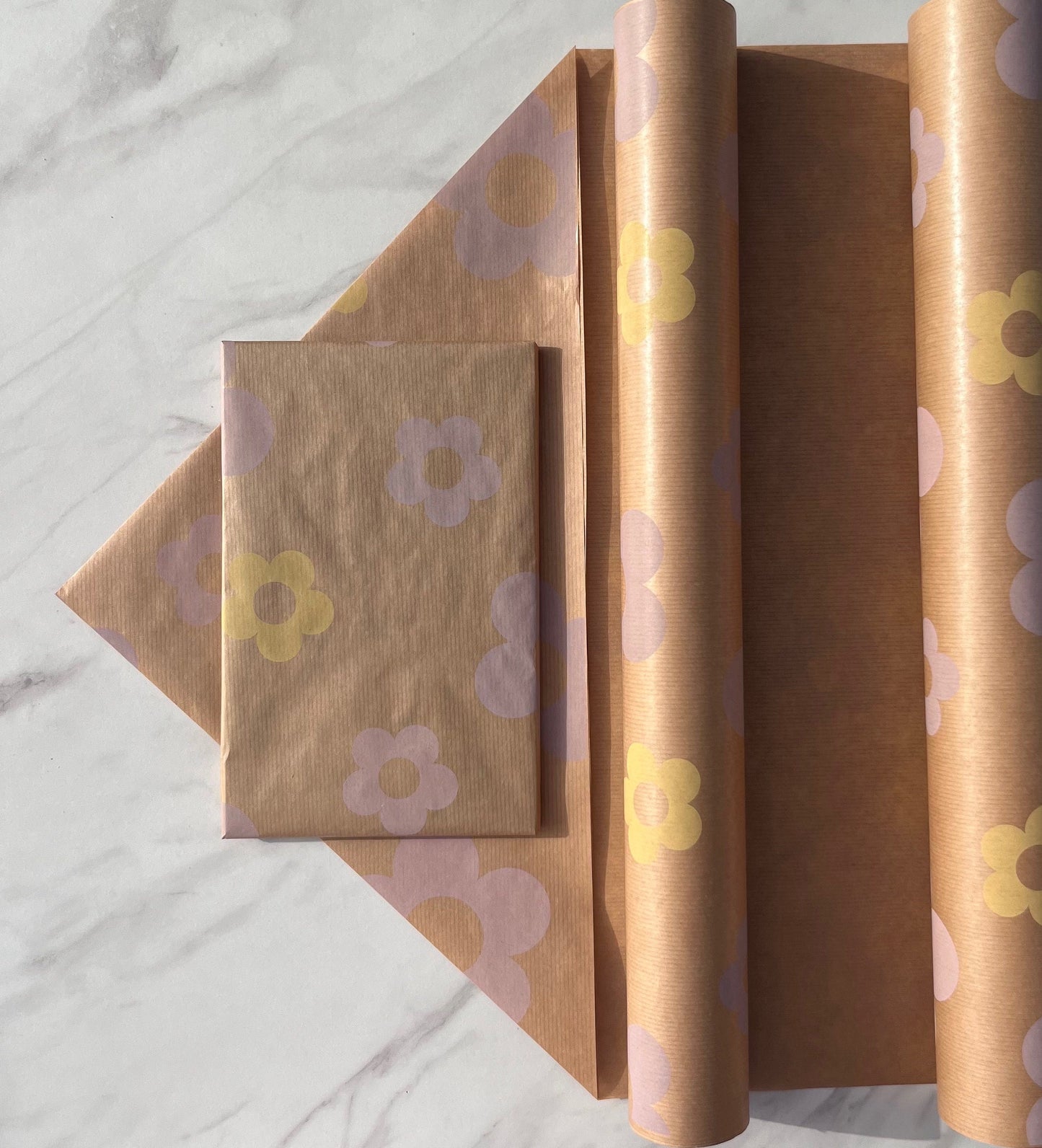 Wrapping Paper Purple Yellow Lilac Floral 50CM Wide Eco Friendly, 100% Recycled Kraft | Recyclable, Sustainable, Plastic Free Gift Wrap