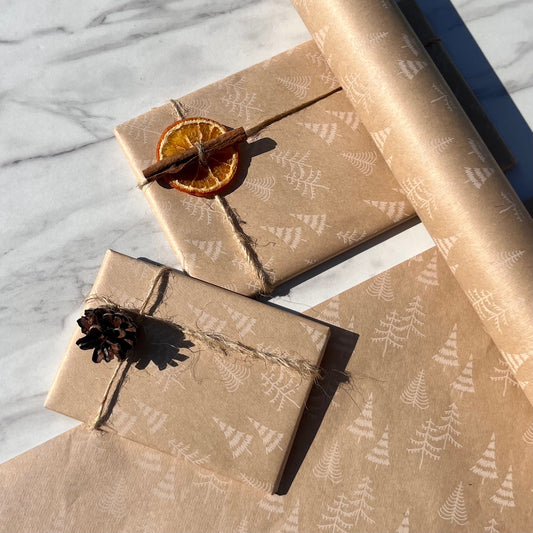 Wrapping Paper Christmas Trees 50CM Wide Eco Friendly, 100% Recycled Kraft | Recyclable, Sustainable, Plastic Free Gift Wrap