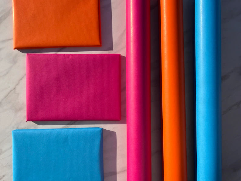 Wrapping Paper Pink Orange and Blue 50CM Wide Eco Friendly, 100% Recycled Kraft | Recyclable, Sustainable, Plastic Free Gift Wrap