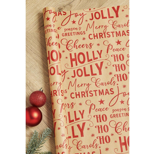 Holly Jolly 5 Metres Luxury Christmas Eco Friendly Kraft Gift Wrapping Paper, 100% Recycled & Recyclable Delivered In Eco Friendly Packaging