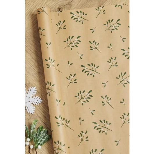 Mistletoe 5 Metres Luxury Christmas Eco Friendly Kraft Gift Wrapping Paper, 100% Recycled & Recyclable Delivered In Eco Friendly Packaging.