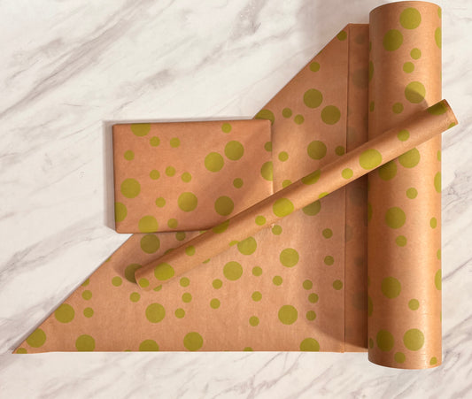 Wrapping Paper Lime Green Multi Dots Polka 50CM Wide Eco Friendly, 100% Recycled Kraft | Recyclable, Sustainable, Plastic Free Gift Wrap