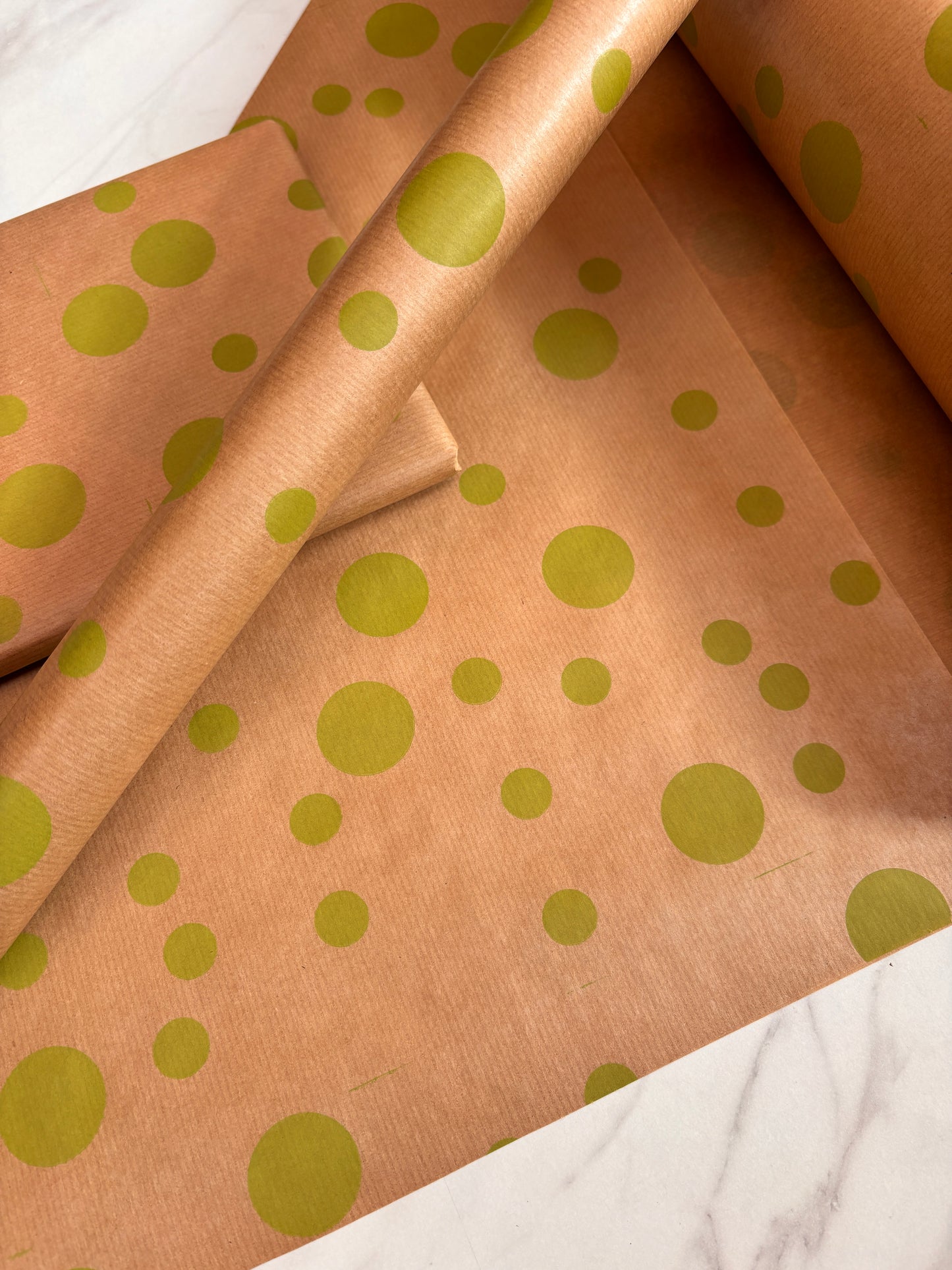 Wrapping Paper Lime Green Multi Dots Polka 50CM Wide Eco Friendly, 100% Recycled Kraft | Recyclable, Sustainable, Plastic Free Gift Wrap