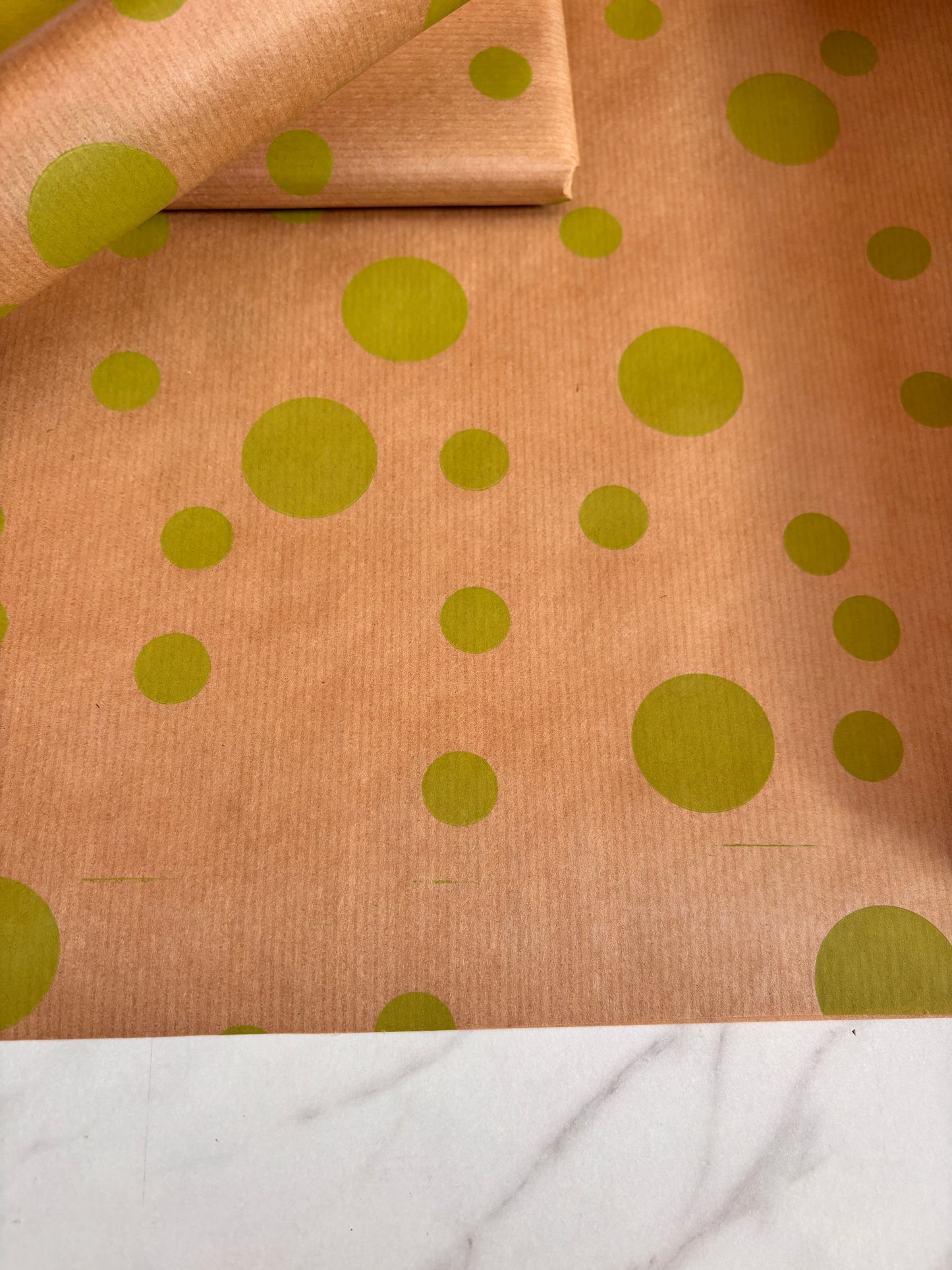 Wrapping Paper Lime Green Multi Dots Polka 50CM Wide Eco Friendly, 100% Recycled Kraft | Recyclable, Sustainable, Plastic Free Gift Wrap