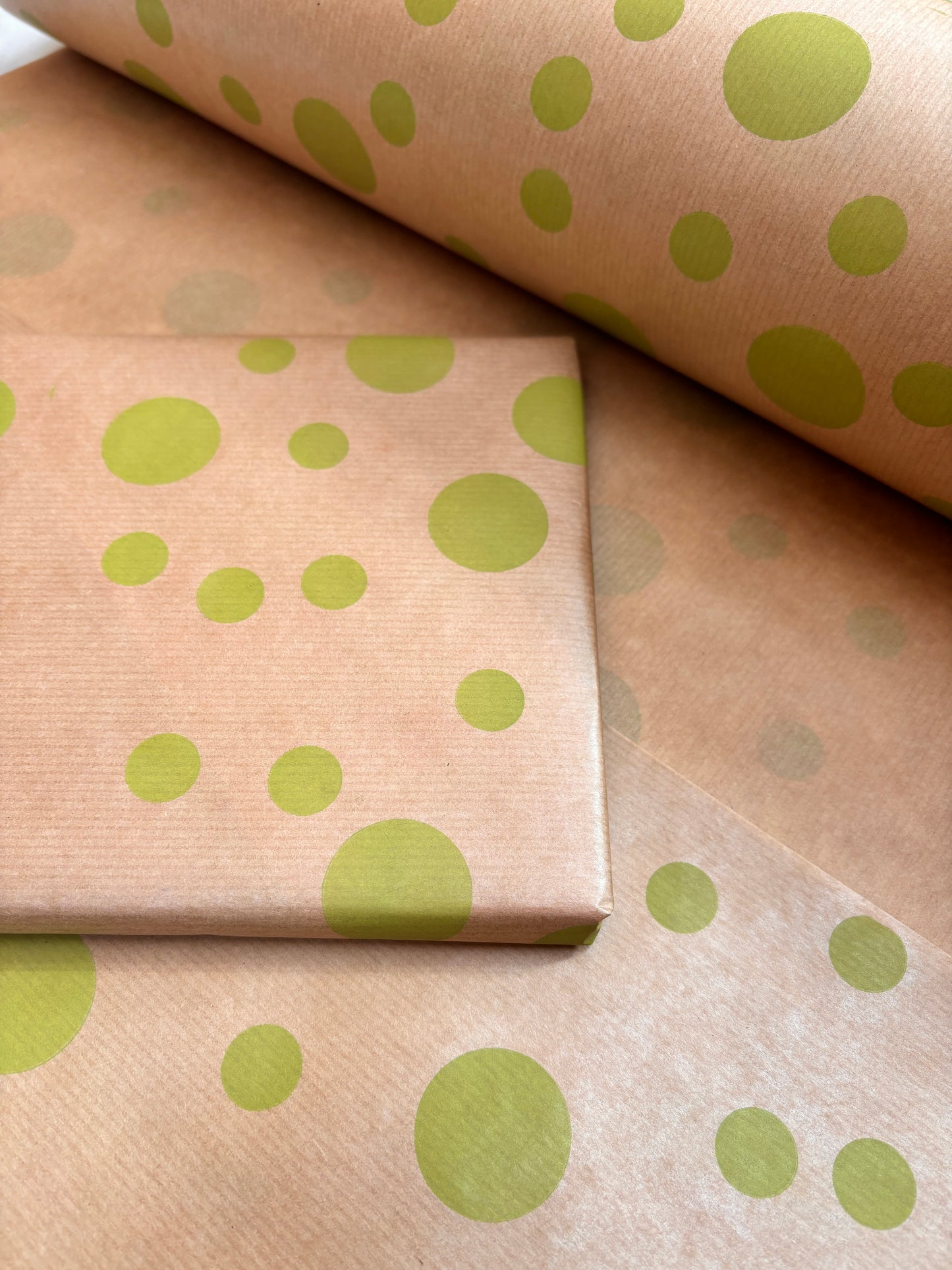Wrapping Paper Lime Green Multi Dots Polka 50CM Wide Eco Friendly, 100% Recycled Kraft | Recyclable, Sustainable, Plastic Free Gift Wrap