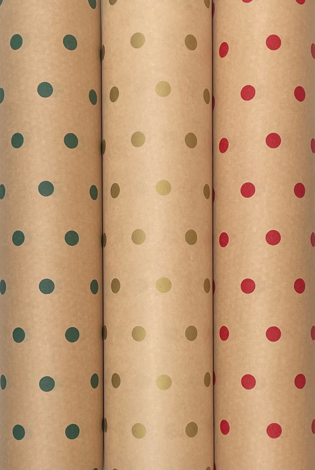 Christmas Red, Green & Gold Spots Kraft Wrapping Paper – 3 Colour Bundle