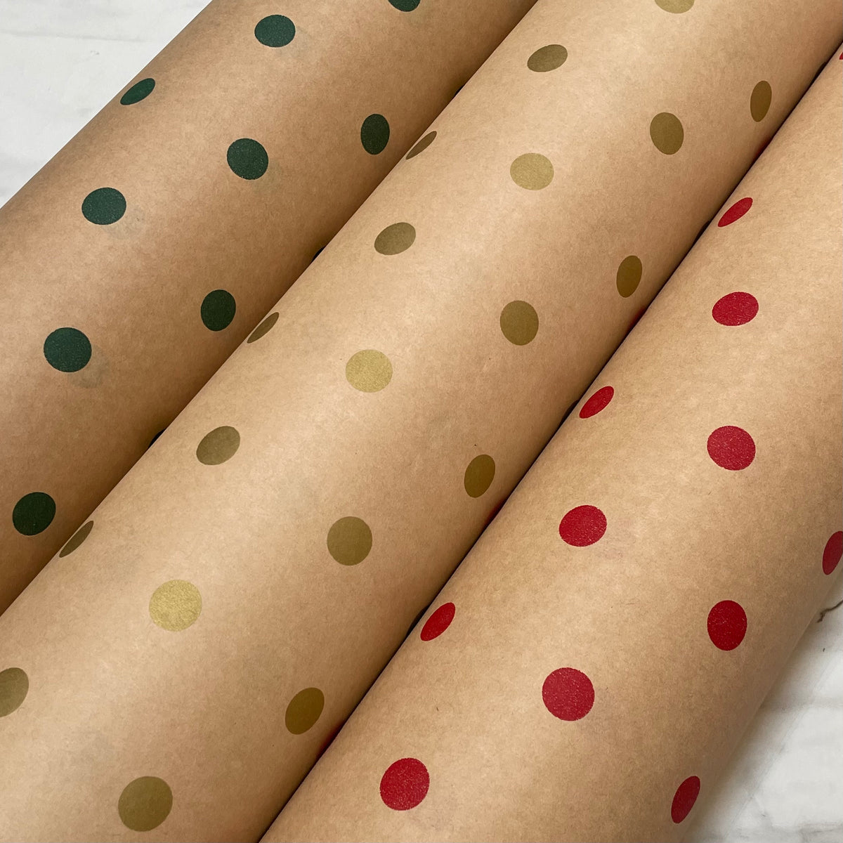 Christmas Red, Green & Gold Spots Kraft Wrapping Paper – 3 Colour Bundle