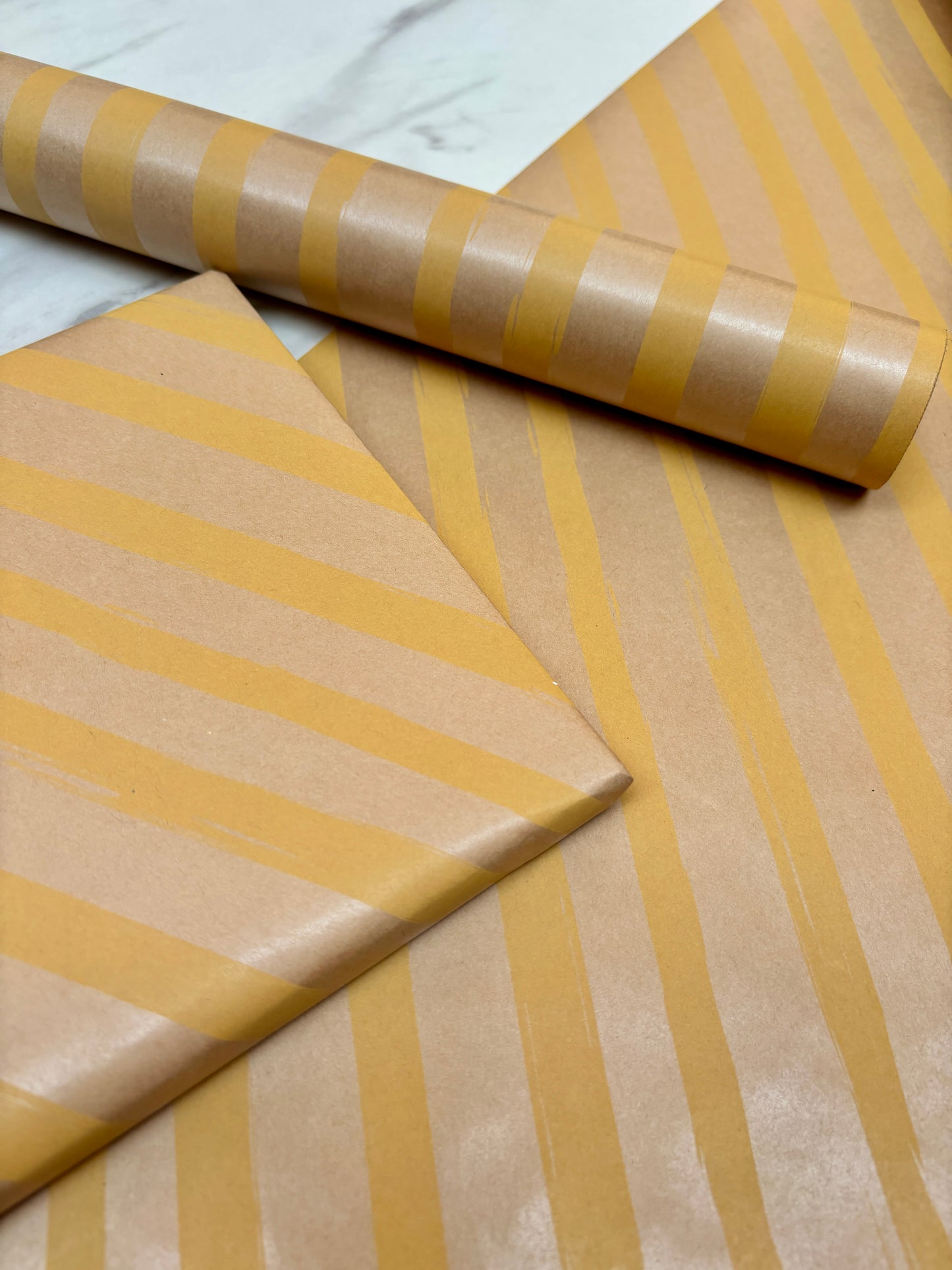 Wrapping Paper Yellow Painted Stripes 50CM Wide Eco Friendly, 100% Recycled Kraft | Recyclable, Sustainable, Plastic Free Gift Wrap