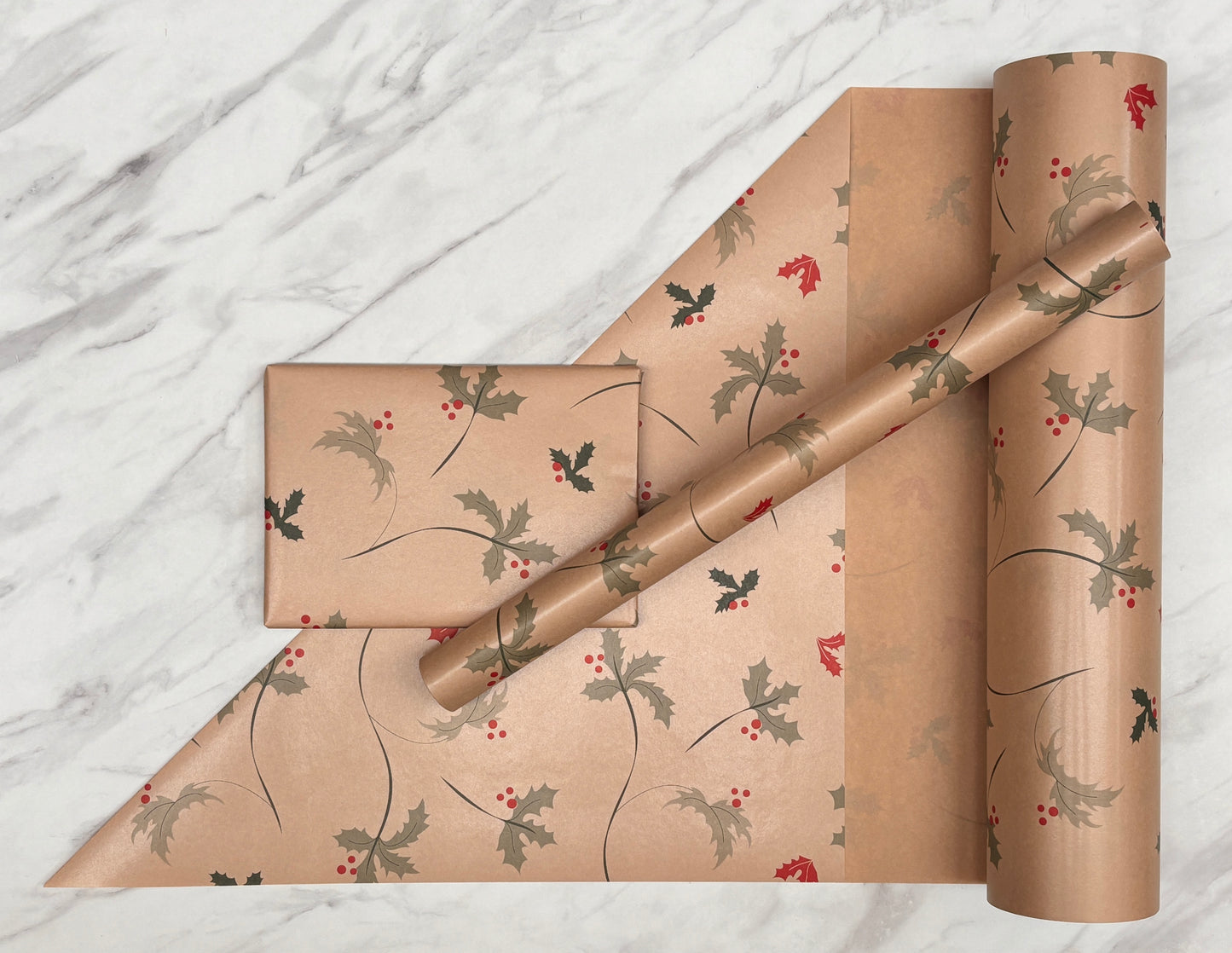 Christmas Wrapping Paper  Red & Green Holly 50CM Wide Eco Friendly, 100% Recycled Kraft | Recyclable, Sustainable, Plastic Free Gift Wrap