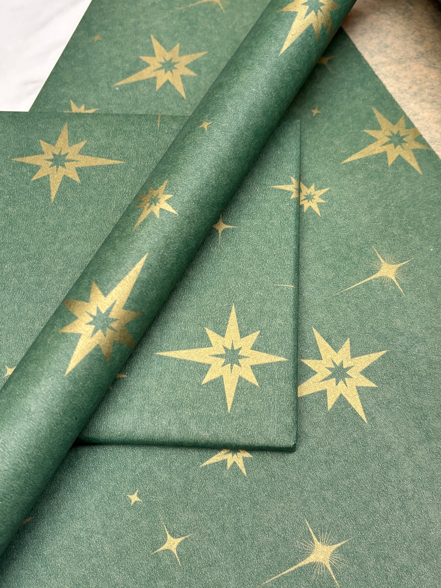 Wrapping Paper Christmas Green & Gold Stars 50CM Wide Eco Friendly, 100% Recycled Kraft | Recyclable, Sustainable, Plastic Free Gift Wrap