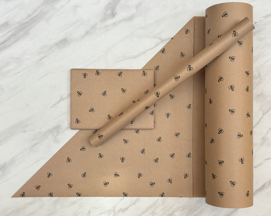 Wrapping Paper Busy Bees 50CM Wide Eco Friendly, 100% Recycled Kraft | Recyclable, Sustainable, Plastic Free Gift Wrap