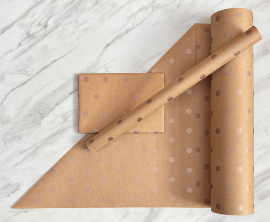Wrapping Paper Rose Gold Spots 50CM Wide Eco Friendly, 100% Recycled Kraft | Recyclable, Sustainable, Plastic Free Gift Wrap