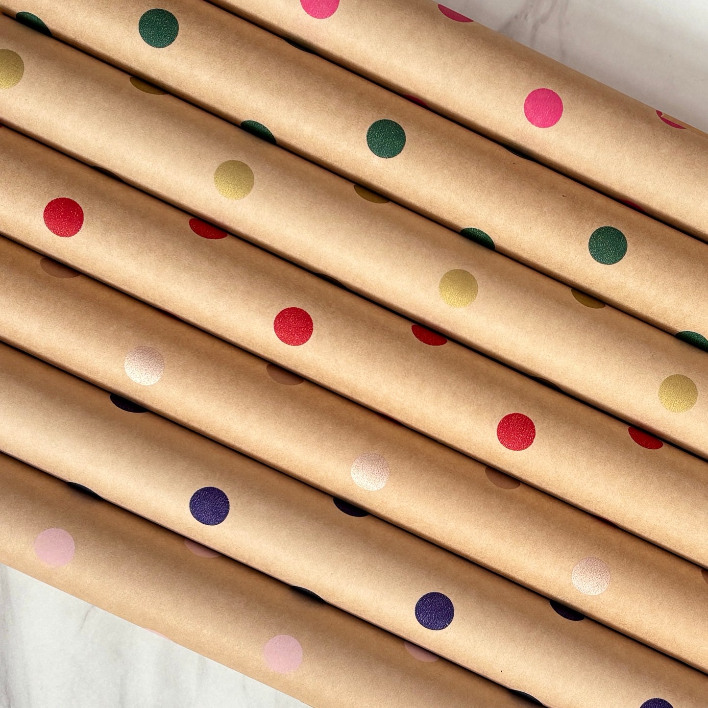 Wrapping Paper Polka Dot Spots (7 Colours) 50CM Wide Eco Friendly, 100% Recycled Kraft | Recyclable, Sustainable, Plastic Free Gift Wrap