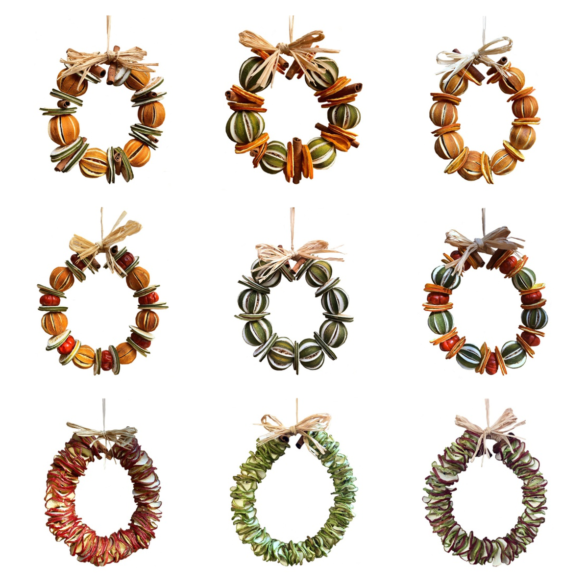 Nine natural dried fruit wreath designs with raffia