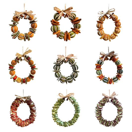 Nine natural dried fruit wreath designs with raffia