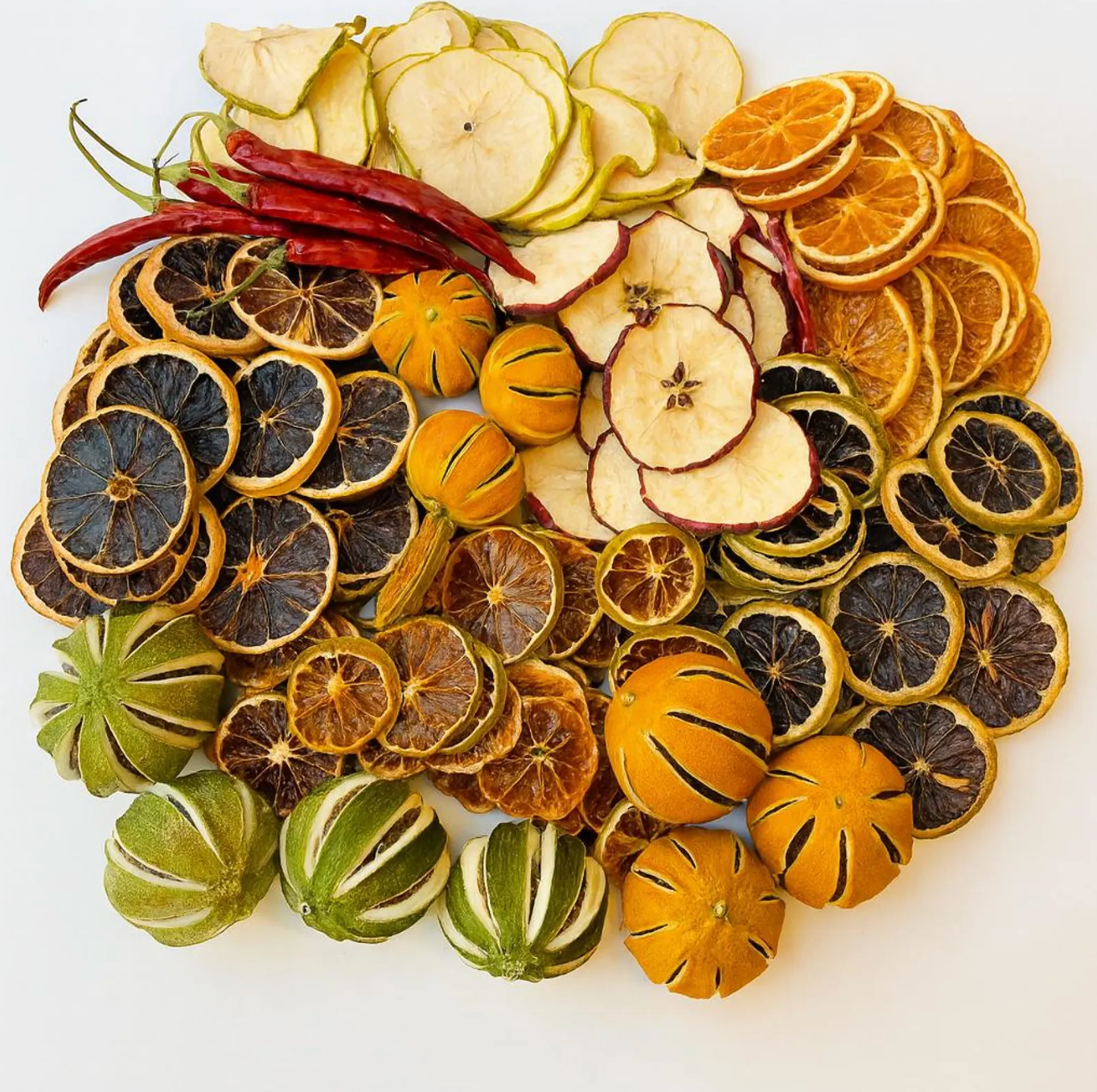 Decorative Dried Fruit Mix Contains Whole Oranges & Limes, Bellani Slices, Grapefruit Slices, Orange Slices, Lime Slices, Green & Red Apple Slices, Lemon Slices Mini Pumpkins, Chillies & Cupressus Cones.