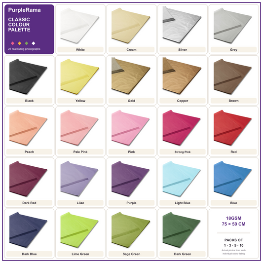 PurpleRama Classic Colour Palette Tissue Paper Sheets – 23 Colours, 18GSM, 75cm x 50cm, 1–10 Sheets