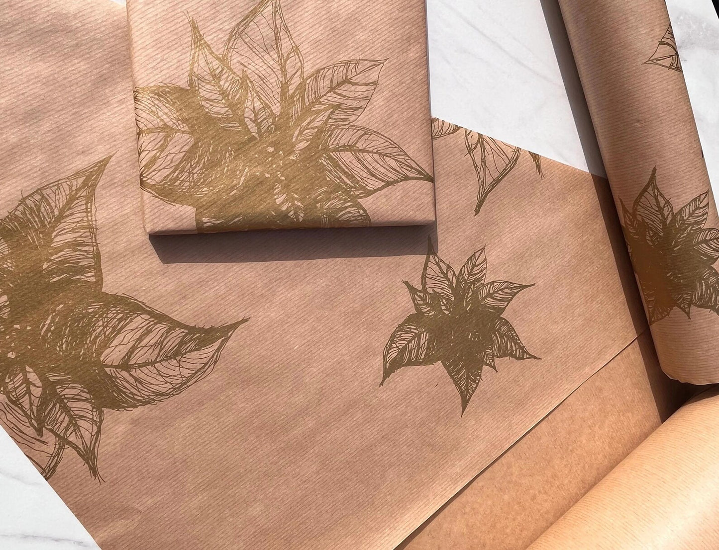 Christmas Wrapping Paper Gold Poinsettia 50CM Wide Eco Friendly, 100% Recycled Kraft | Recyclable, Sustainable, Plastic Free Gift Wrap