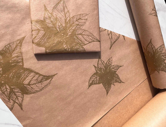 Christmas Wrapping Paper Gold Poinsettia 50CM Wide Eco Friendly, 100% Recycled Kraft | Recyclable, Sustainable, Plastic Free Gift Wrap