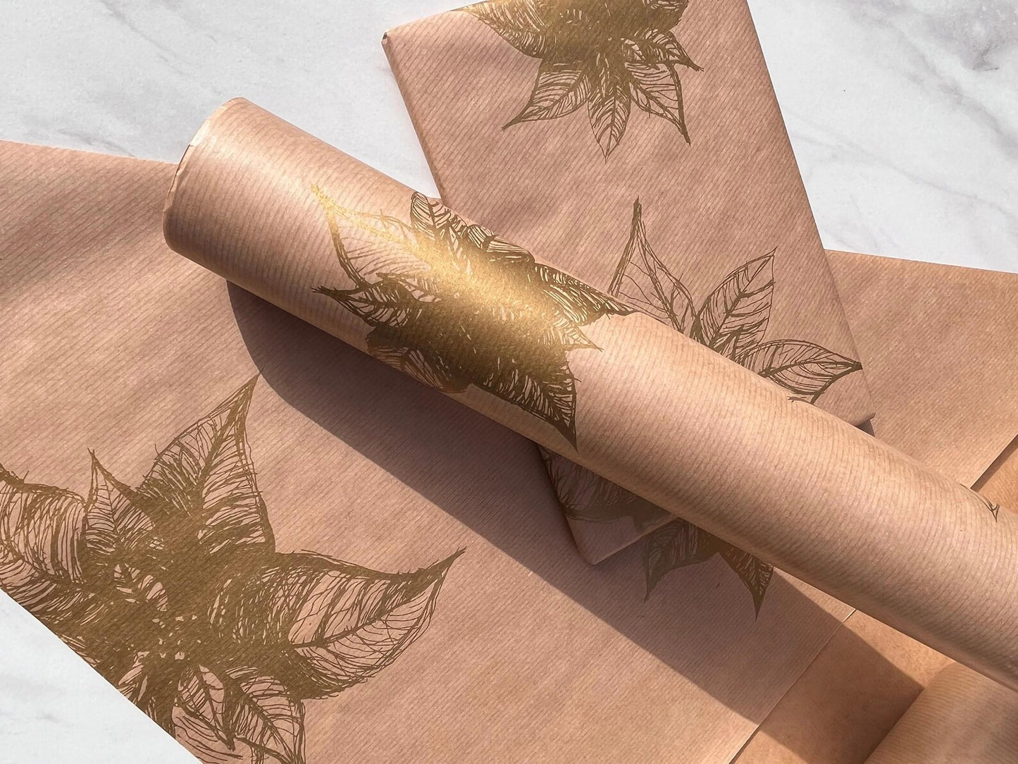 Christmas Wrapping Paper Gold Poinsettia 50CM Wide Eco Friendly, 100% Recycled Kraft | Recyclable, Sustainable, Plastic Free Gift Wrap