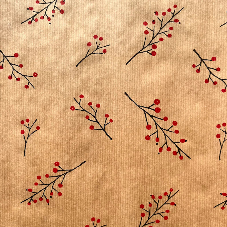 Wrapping Paper Christmas Red Berries 50CM Wide Eco Friendly, 100% Recycled Kraft | Recyclable, Sustainable, Plastic Free Gift Wrap