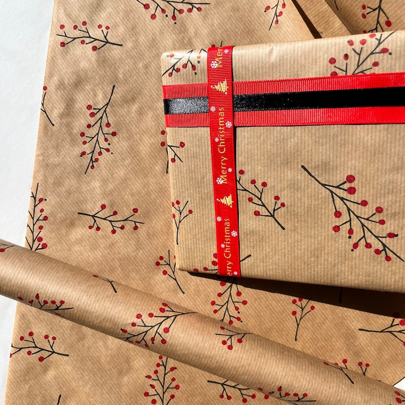 Wrapping Paper Christmas Red Berries 50CM Wide Eco Friendly, 100% Recycled Kraft | Recyclable, Sustainable, Plastic Free Gift Wrap
