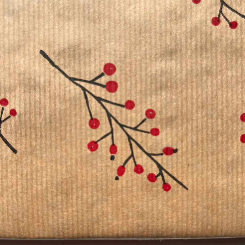 Wrapping Paper Christmas Red Berries 50CM Wide Eco Friendly, 100% Recycled Kraft | Recyclable, Sustainable, Plastic Free Gift Wrap