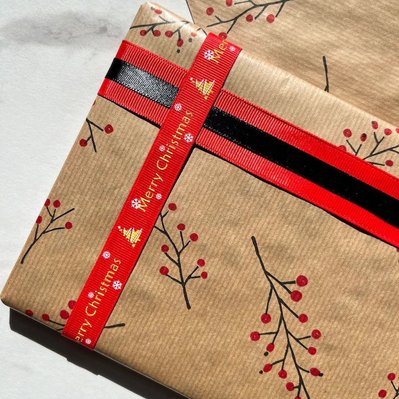 Wrapping Paper Christmas Red Berries 50CM Wide Eco Friendly, 100% Recycled Kraft | Recyclable, Sustainable, Plastic Free Gift Wrap