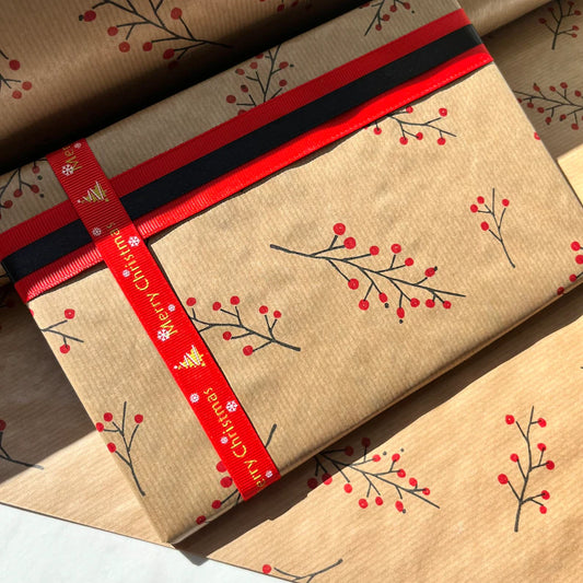 Wrapping Paper Christmas Red Berries 50CM Wide Eco Friendly, 100% Recycled Kraft | Recyclable, Sustainable, Plastic Free Gift Wrap