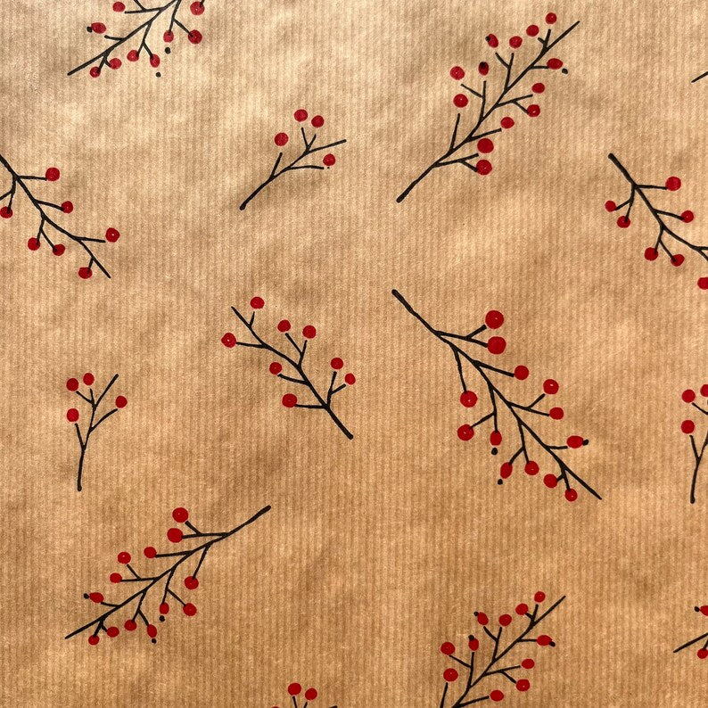 Wrapping Paper Christmas Red Berries 50CM Wide Eco Friendly, 100% Recycled Kraft | Recyclable, Sustainable, Plastic Free Gift Wrap