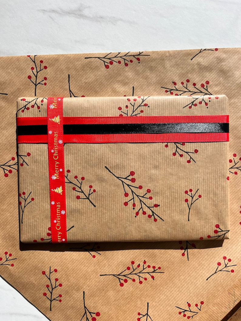 Wrapping Paper Christmas Red Berries 50CM Wide Eco Friendly, 100% Recycled Kraft | Recyclable, Sustainable, Plastic Free Gift Wrap