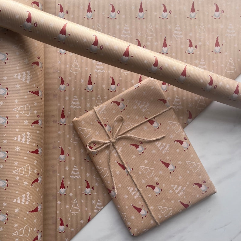 Christmas Wrapping Paper  Scandi Gonk Gnome 50CM Wide Eco Friendly, 100% Recycled Kraft | Recyclable, Sustainable, Plastic Free Gift Wrap