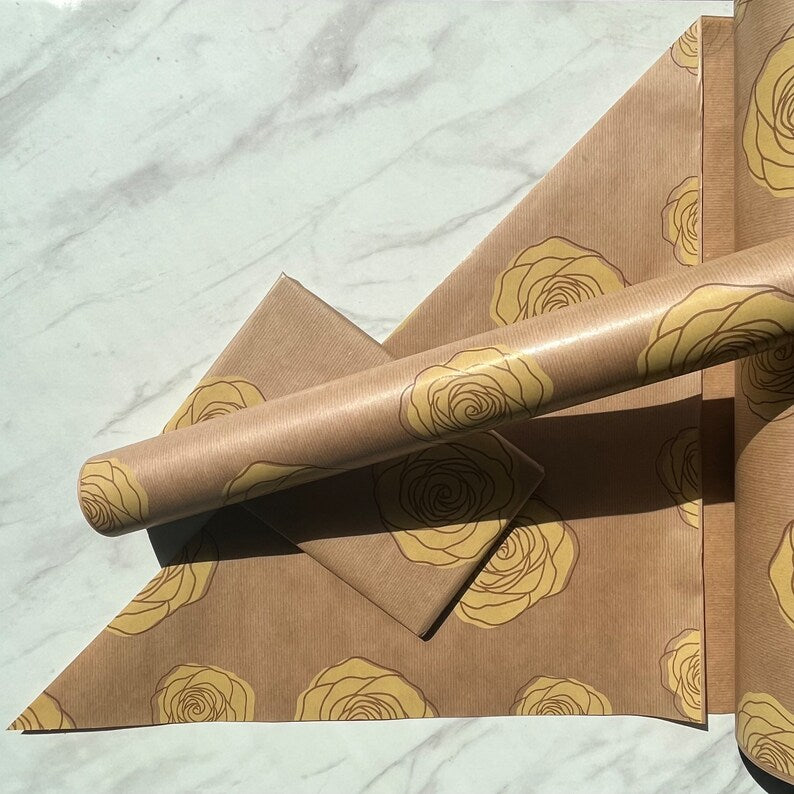 Wrapping Paper Yellow Roses 50CM Wide Eco Friendly, 100% Recycled Kraft | Recyclable, Sustainable, Plastic Free Gift Wrap