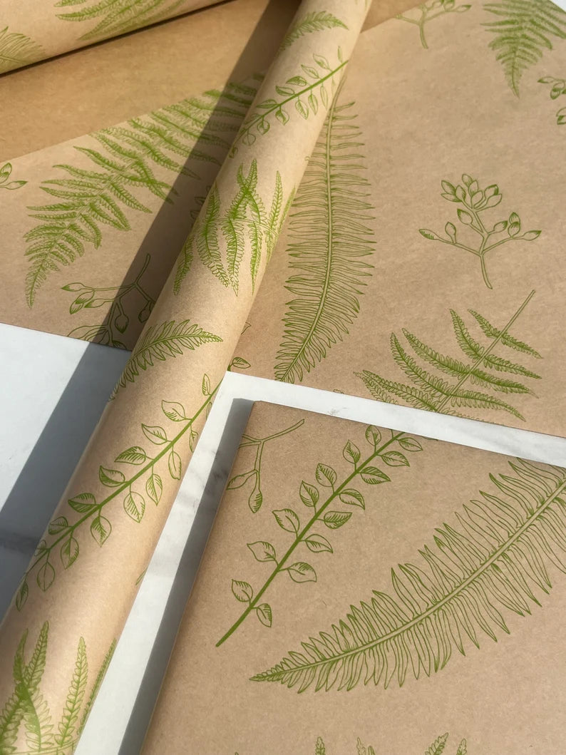 Botanical Foliage Ferns Eco Friendly Gift Wrapping Paper, 100% Recycled & Recyclable, Kraft Wrapping Paper, Birthday Gift Wrap