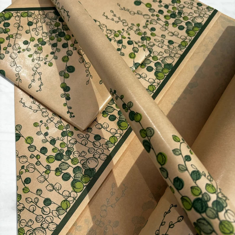 String Of Pearls, Botanical Eco Friendly Gift Wrapping Paper, 100% Recycled & Recyclable, Kraft Wrapping Paper, Birthday Wrapping Paper.