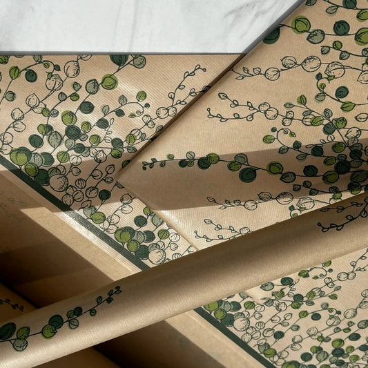 Wrapping Paper String Of Pearls, Botanical 50CM Wide Eco Friendly, 100% Recycled Kraft | Recyclable, Sustainable, Plastic Free Gift Wrap
