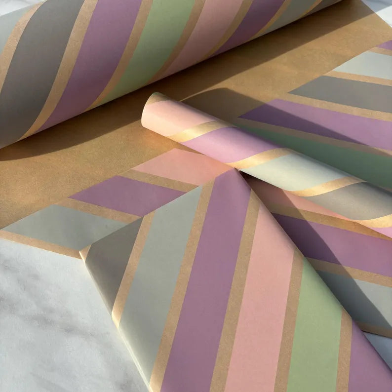 Pastel Stripes Christmas Eco Friendly Gift Wrapping Paper, 100% Recycled & Recyclable, Sustainable Kraft Wrapping Paper, Birthday Gift Wrap